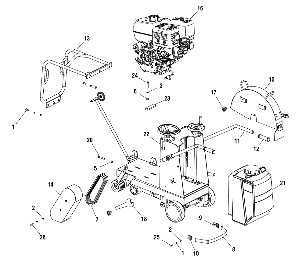 Main Unit (866057) Diagram and Parts List for 866057-EX20-S  Briggs and Stratton Saw